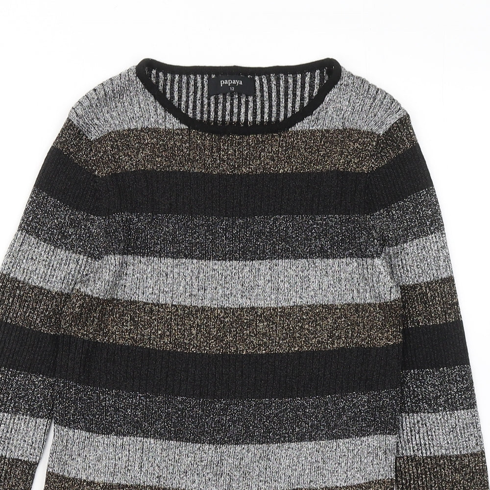 Papaya Womens Multicoloured Striped Viscose Basic T-Shirt Size 12 Round Neck