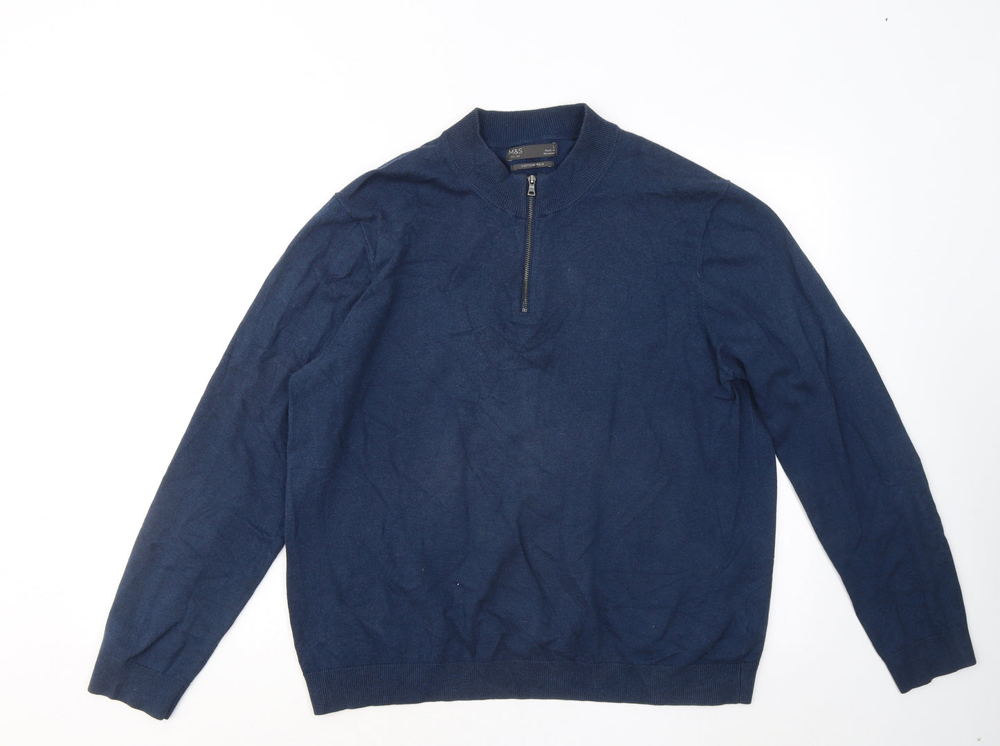 Marks and Spencer Mens Blue Round Neck Cotton Pullover Jumper Size L