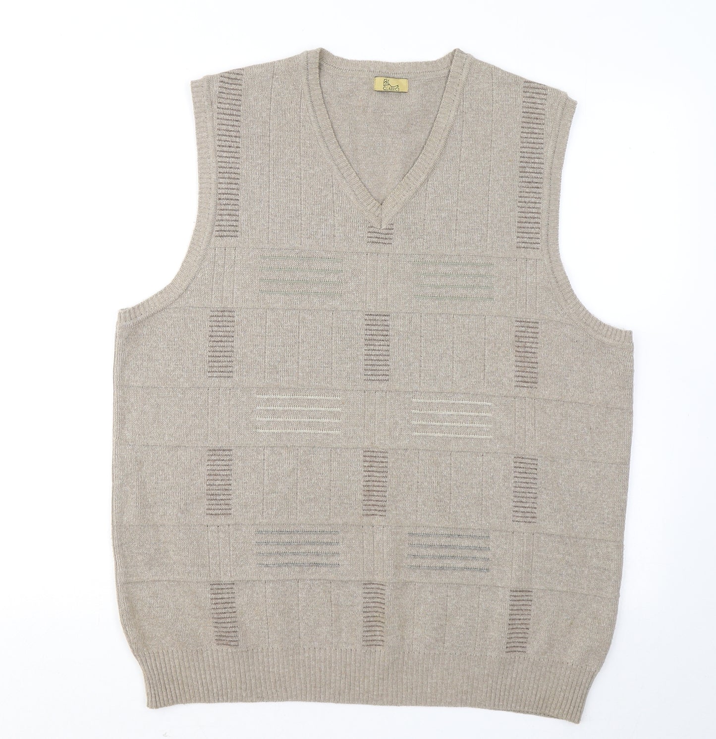 BHS Mens Beige V-Neck Geometric Cotton Vest Jumper Size M