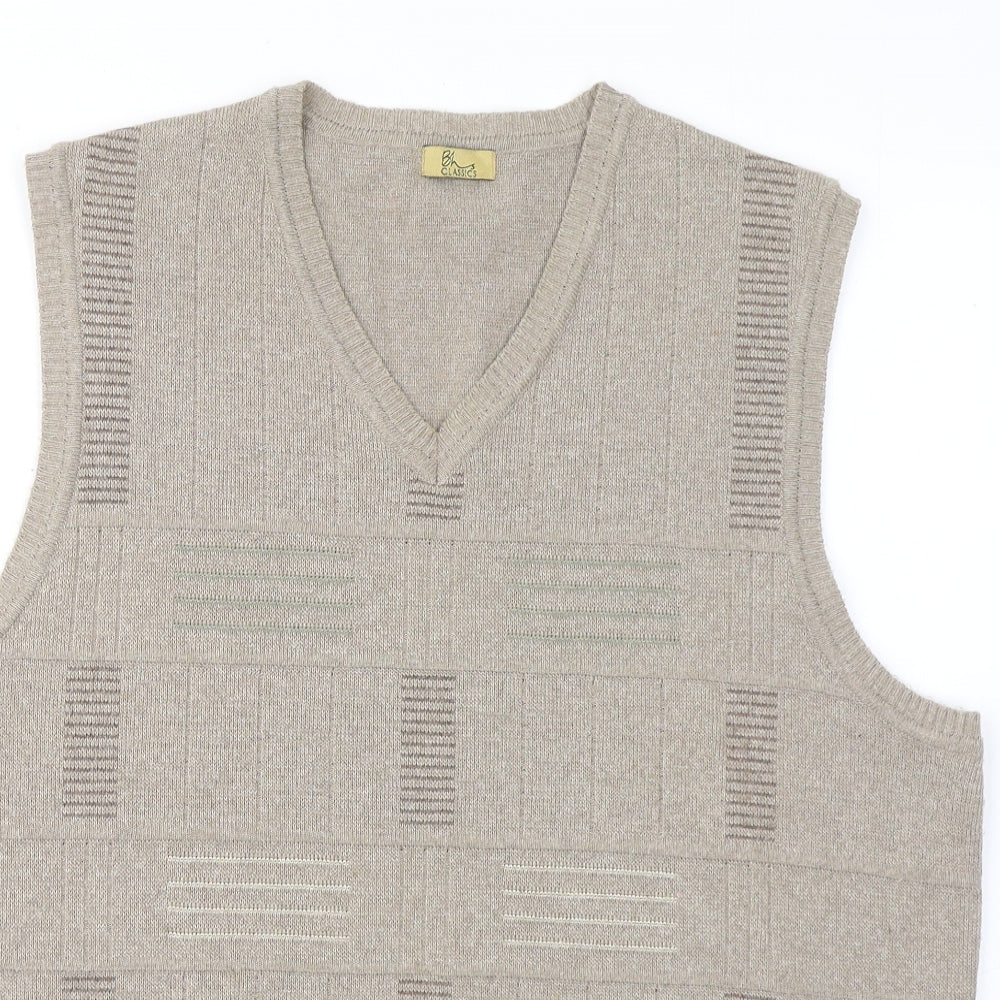 BHS Mens Beige V-Neck Geometric Cotton Vest Jumper Size M