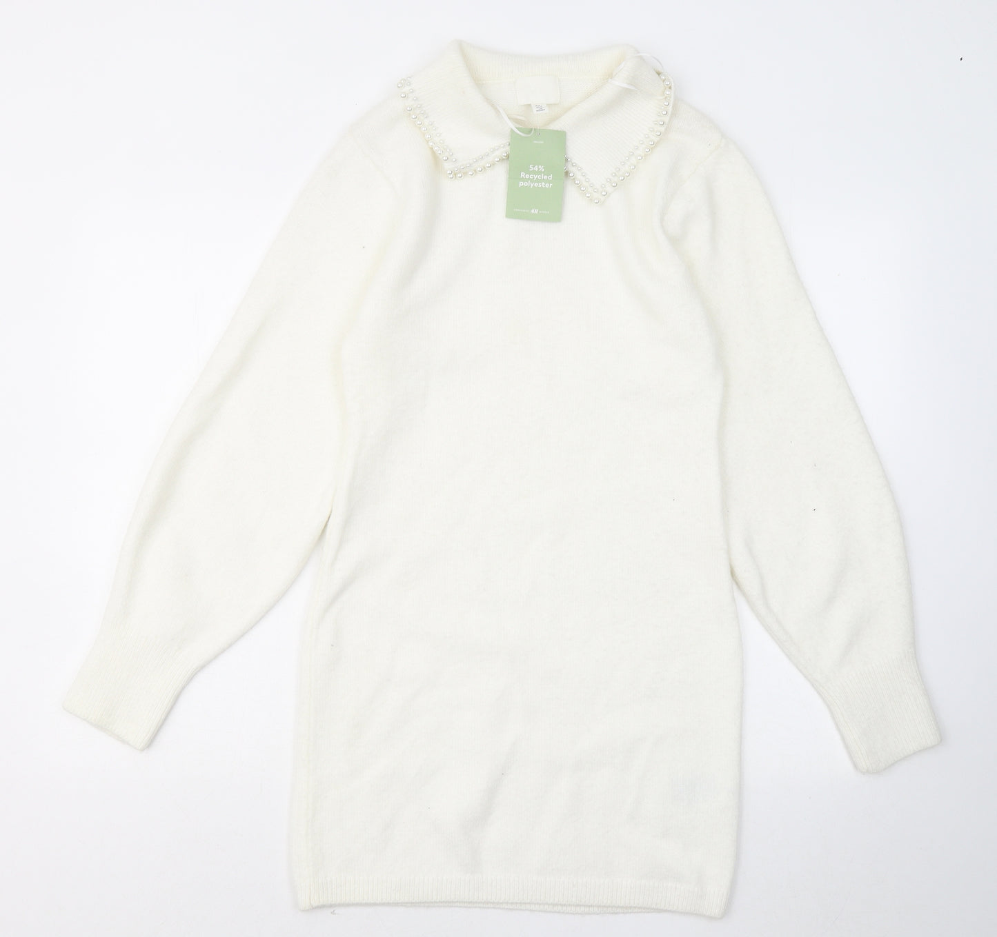 H&M Womens White Polyester Jumper Dress Size S Collared
