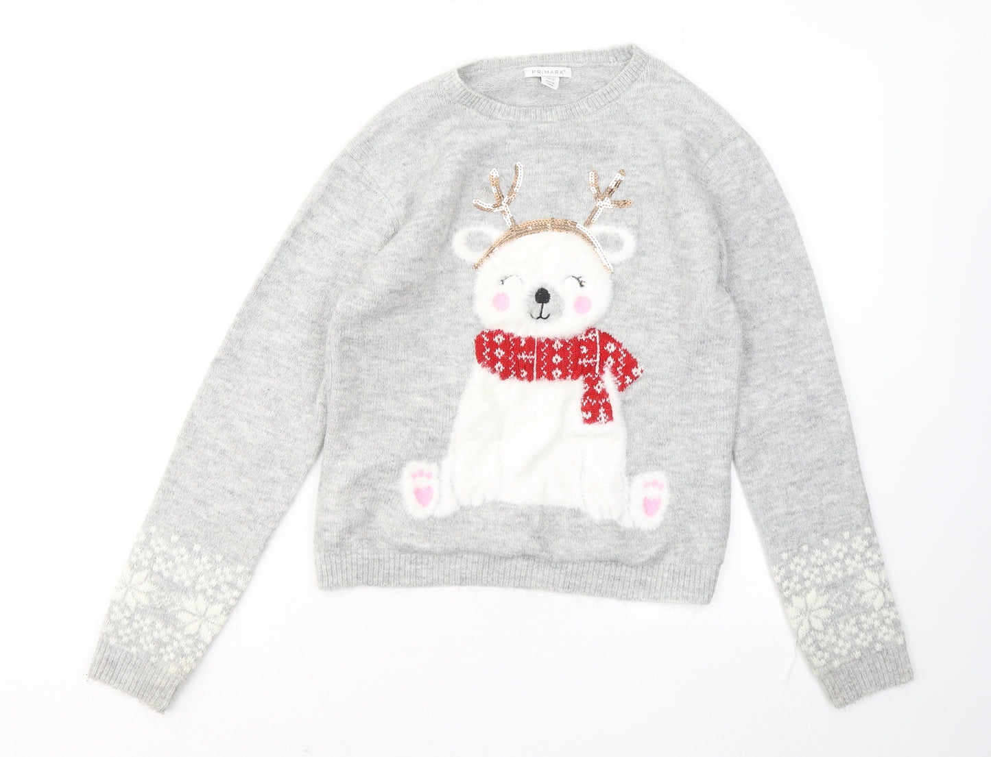 Primark Girls Grey Round Neck Acrylic Pullover Jumper Size 12 Years - Christmas jumper