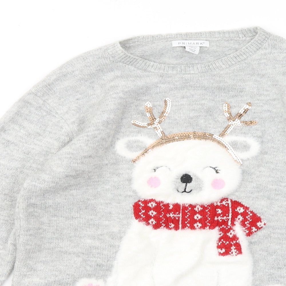 Primark Girls Grey Round Neck Acrylic Pullover Jumper Size 12 Years - Christmas jumper