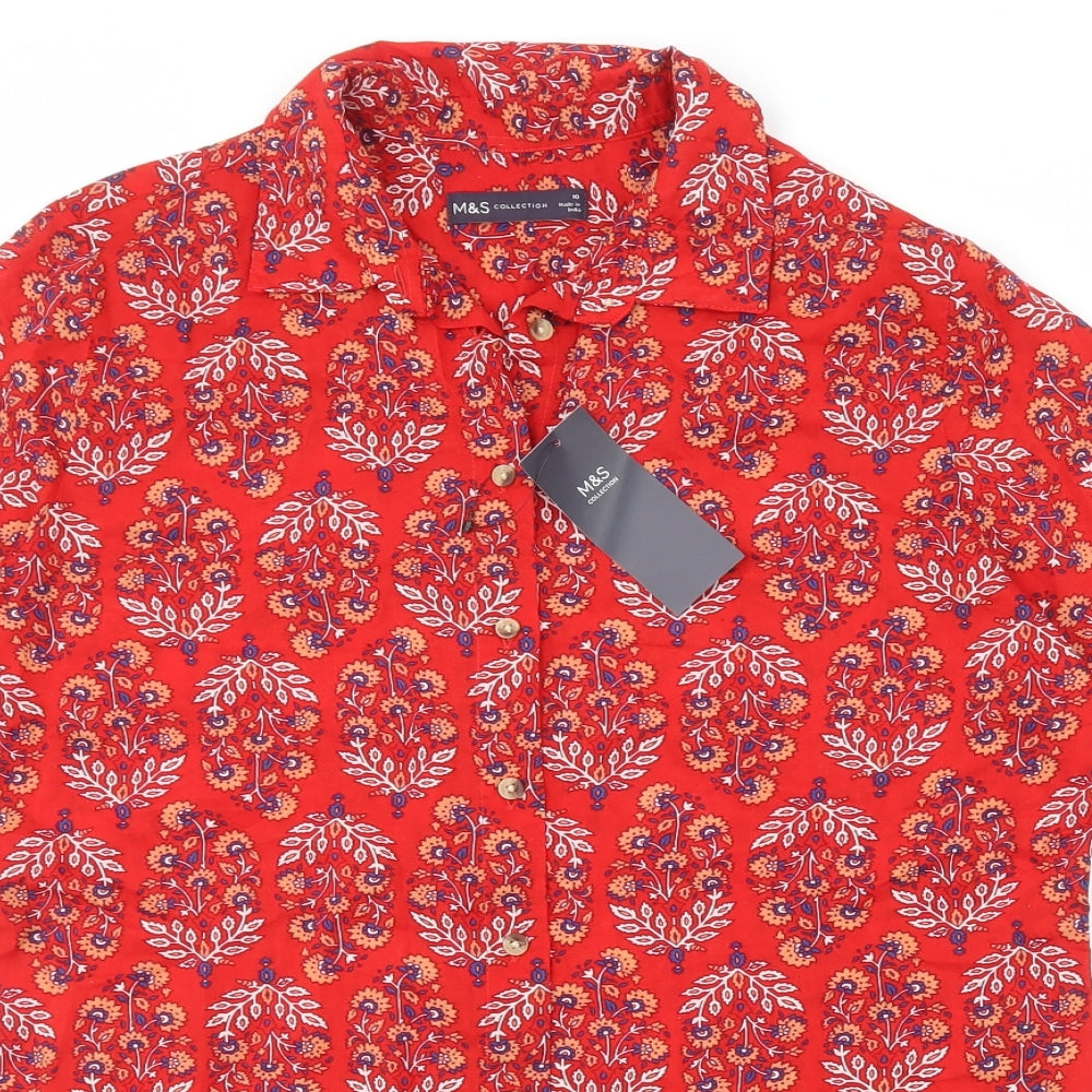 Marks and Spencer Womens Red Floral Cotton Basic T-Shirt Size 10 Collared