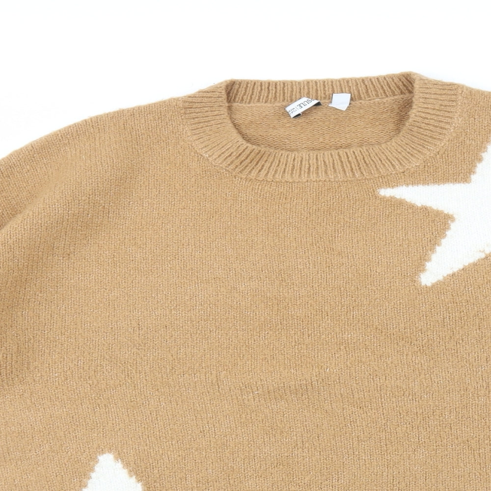 Capsule Womens Beige Round Neck Geometric Acrylic Pullover Jumper Size 8 - Stars