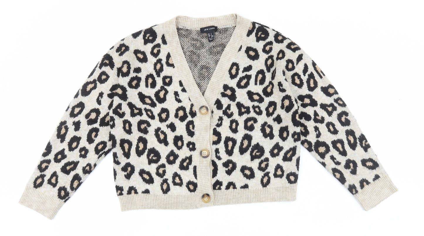 New Look Womens Brown V-Neck Animal Print Acrylic Cardigan Jumper Size S