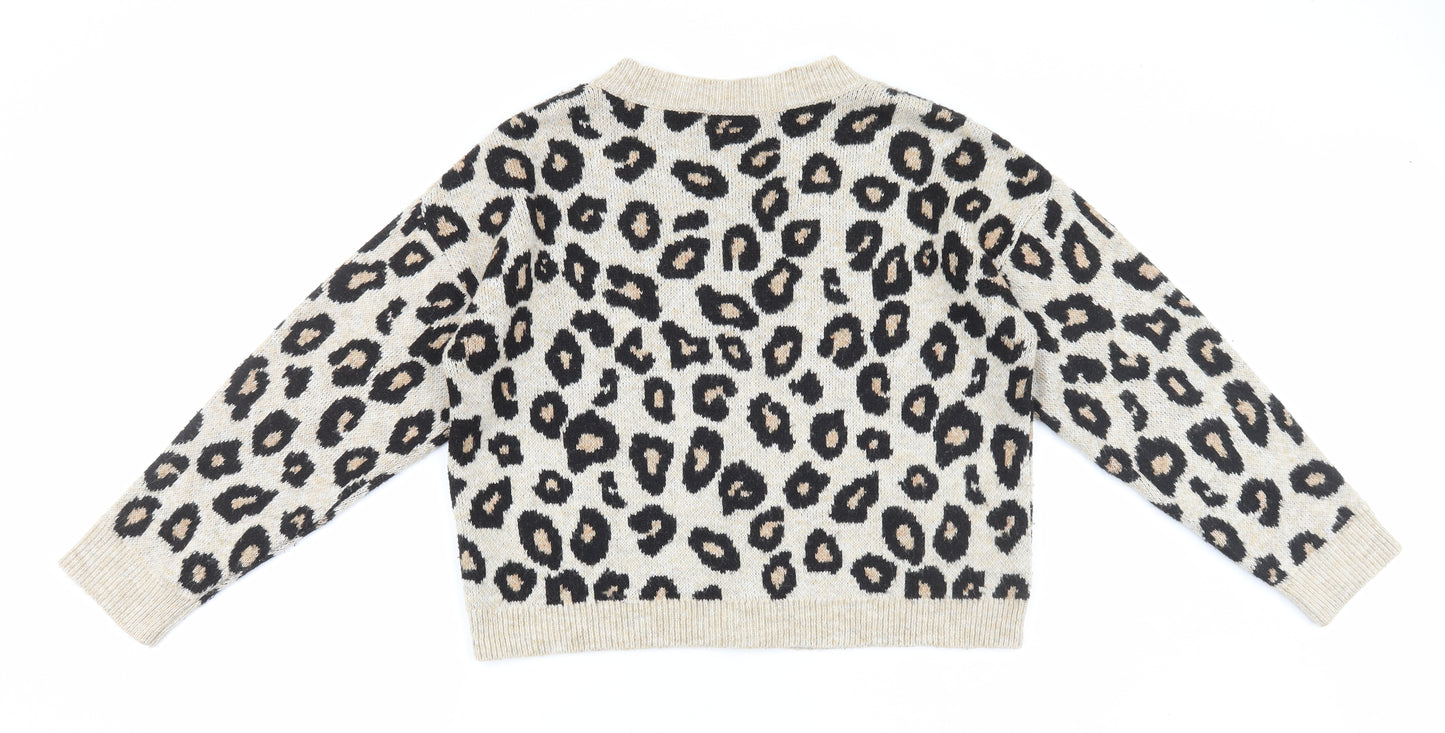 New Look Womens Brown V-Neck Animal Print Acrylic Cardigan Jumper Size S