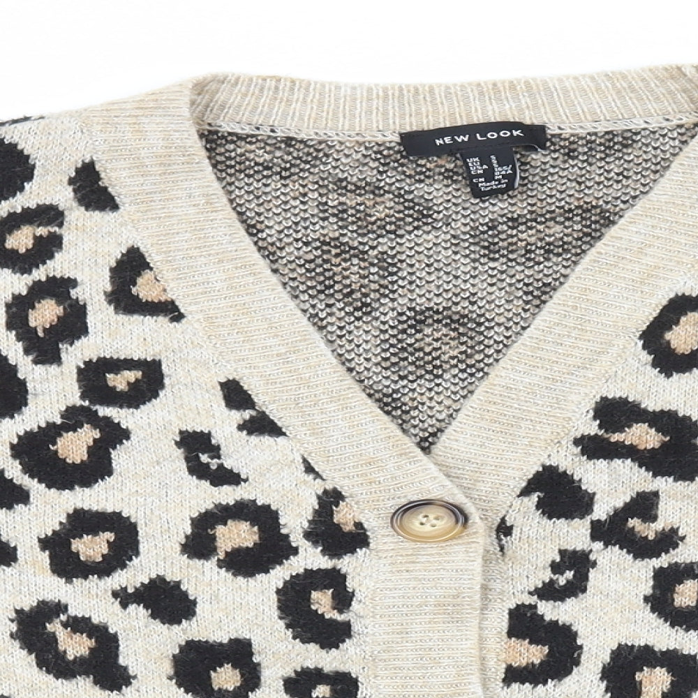New Look Womens Brown V-Neck Animal Print Acrylic Cardigan Jumper Size S