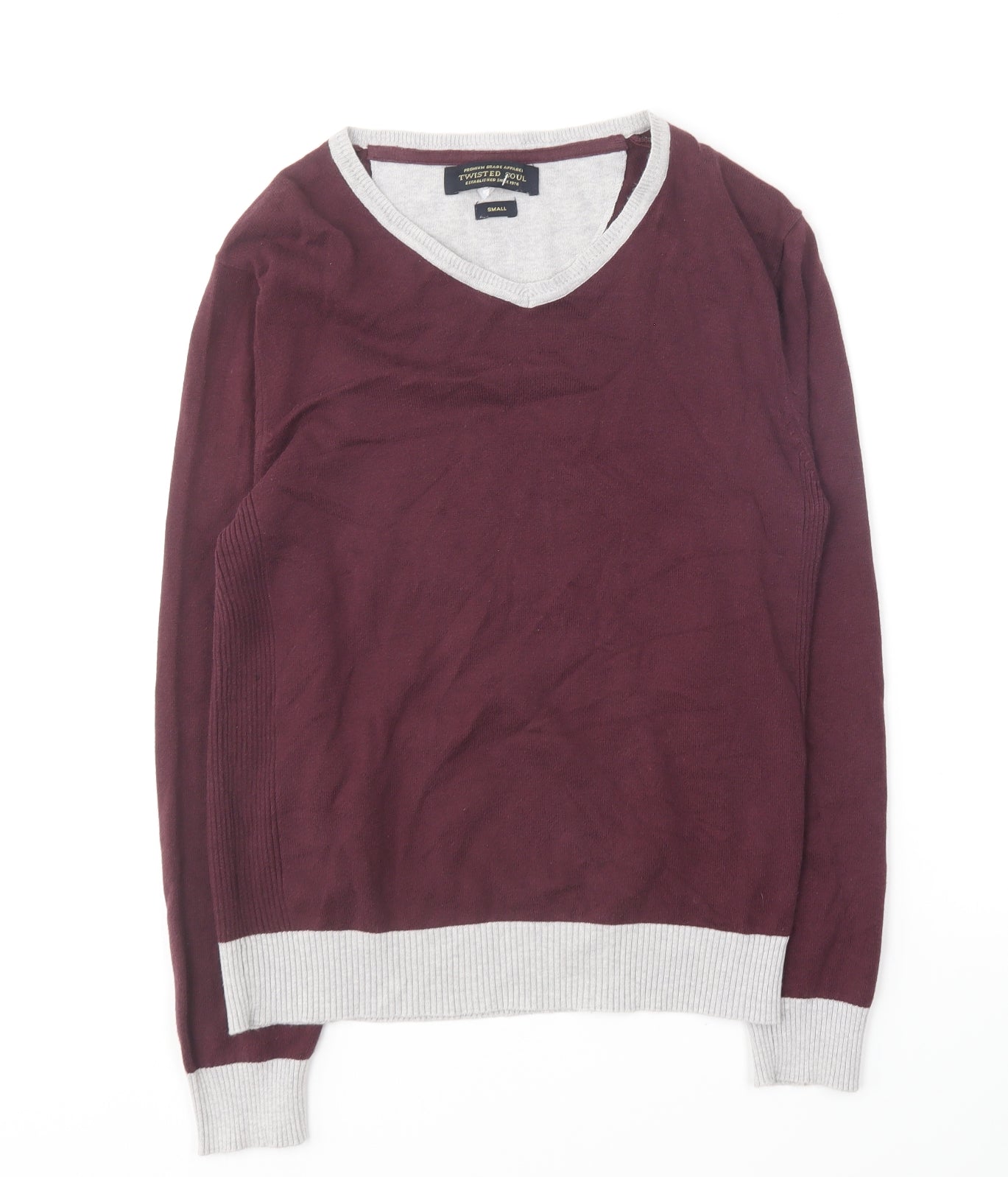 Twisted Soul Mens Purple V-Neck Cotton Pullover Jumper Size S