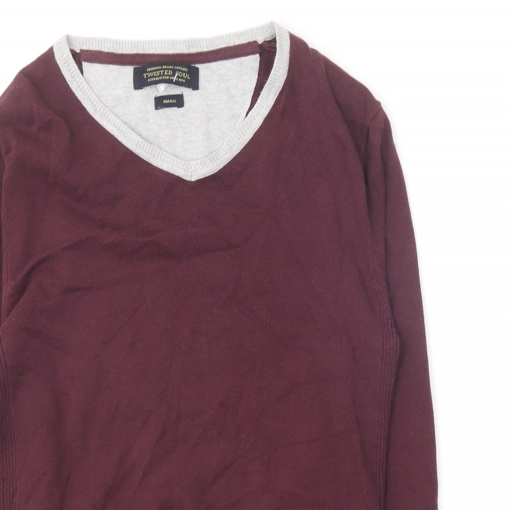 Twisted Soul Mens Purple V-Neck Cotton Pullover Jumper Size S