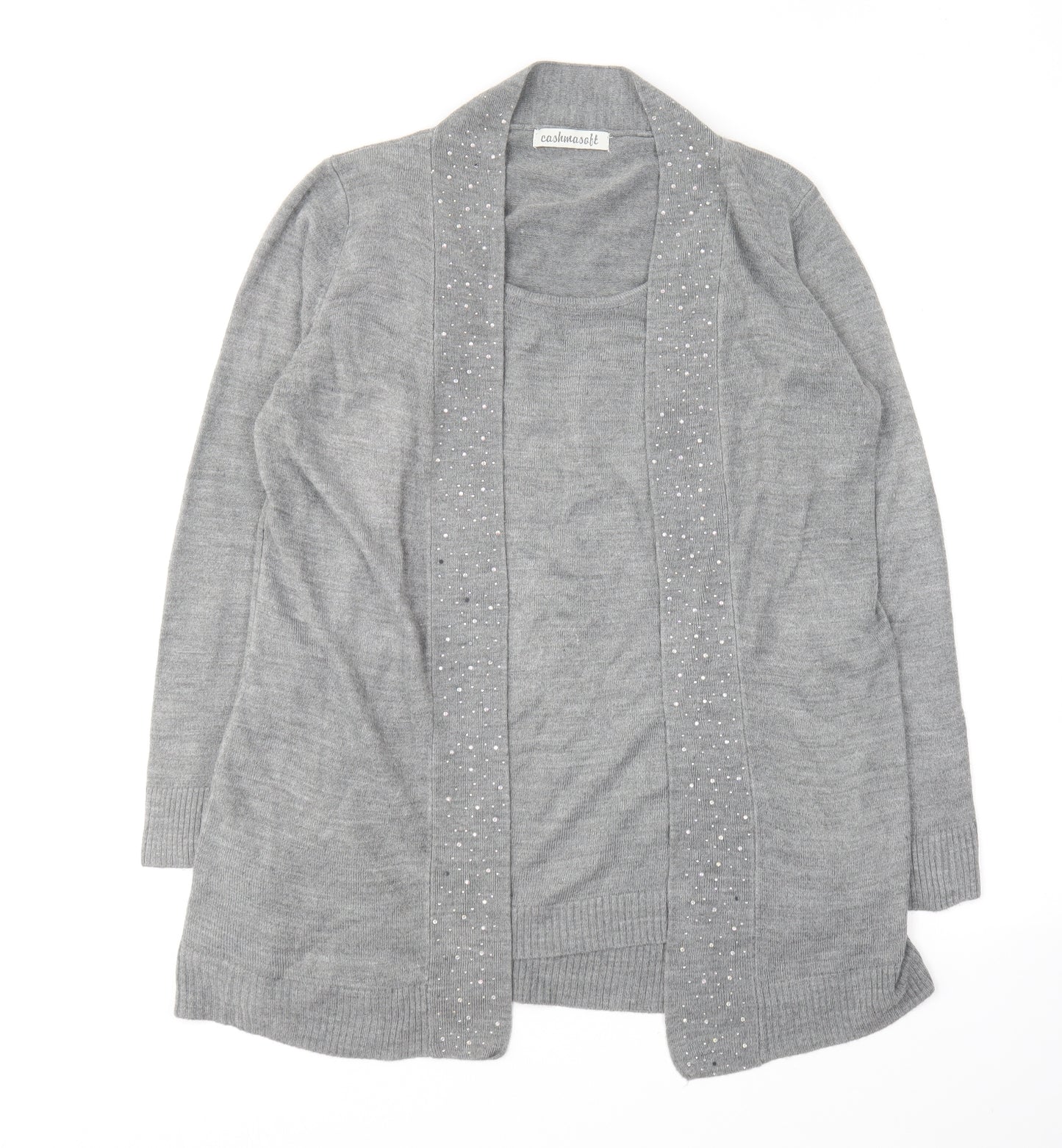 Cashmasoft Womens Grey Round Neck Acrylic Cardigan Jumper Size L