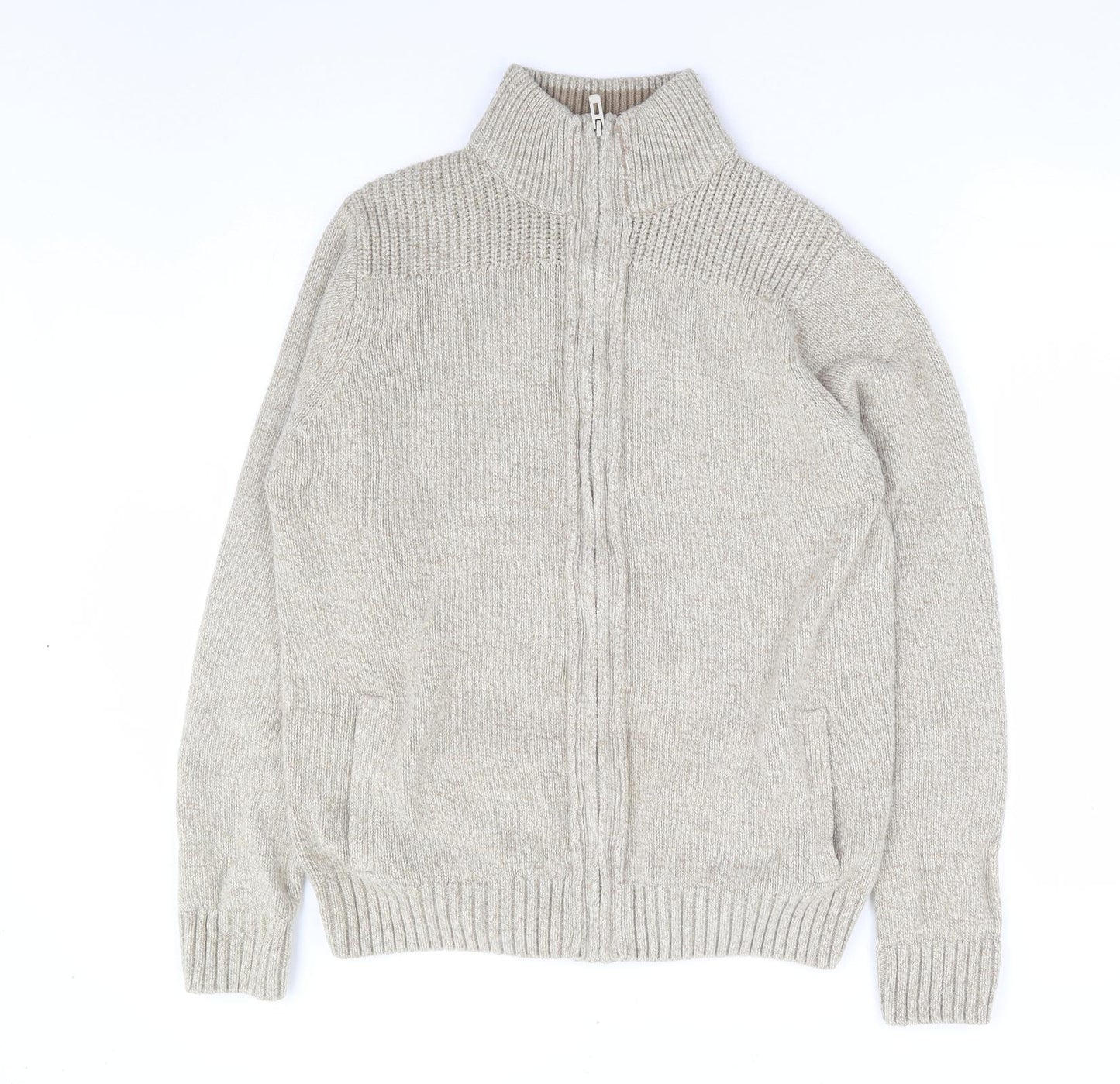 Marks and Spencer Mens Beige High Neck Acrylic Full Zip Jumper Size S