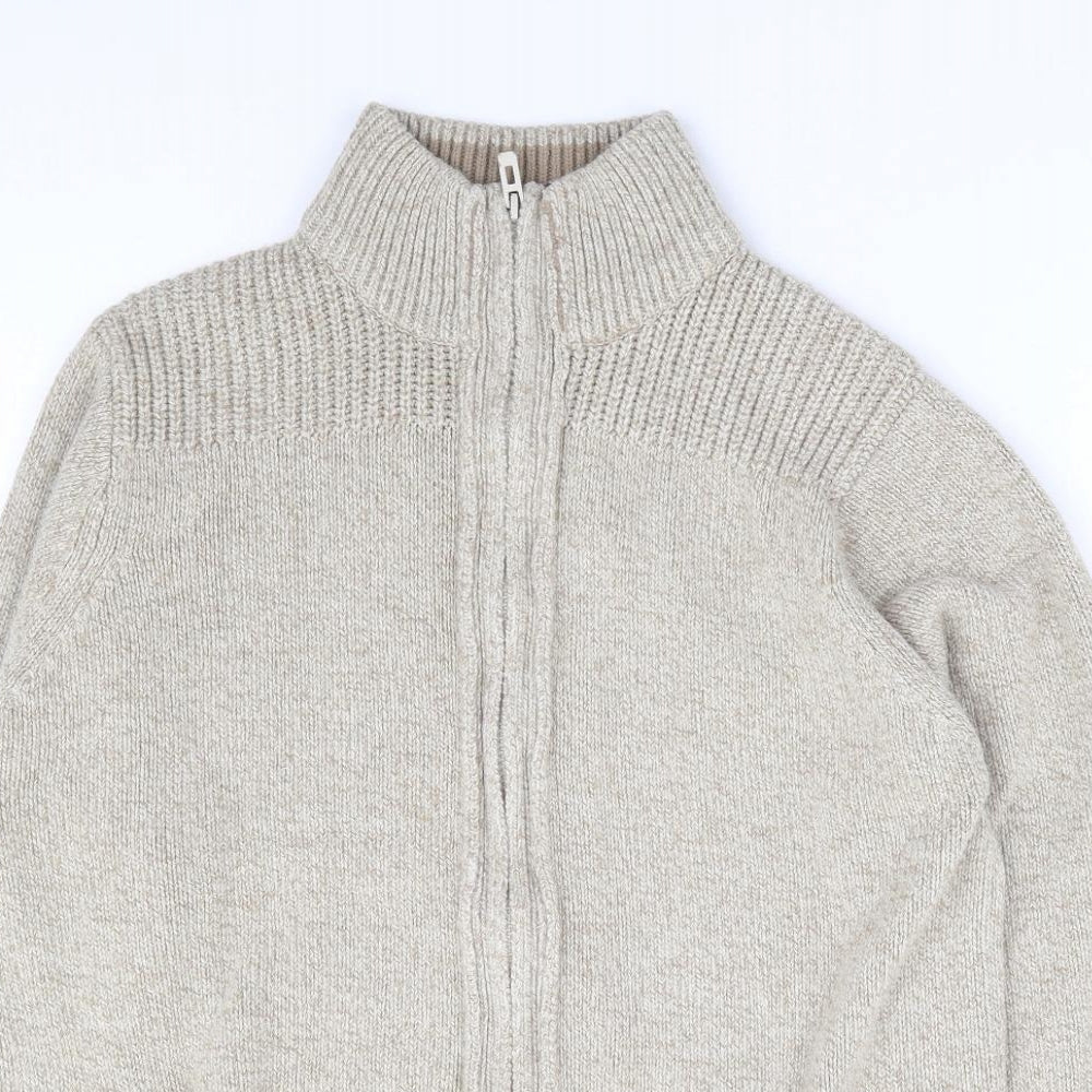 Marks and Spencer Mens Beige High Neck Acrylic Full Zip Jumper Size S