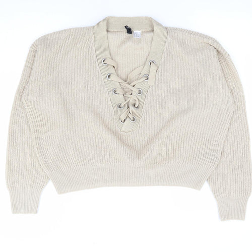 H&M Womens Beige V-Neck Acrylic Pullover Jumper Size M