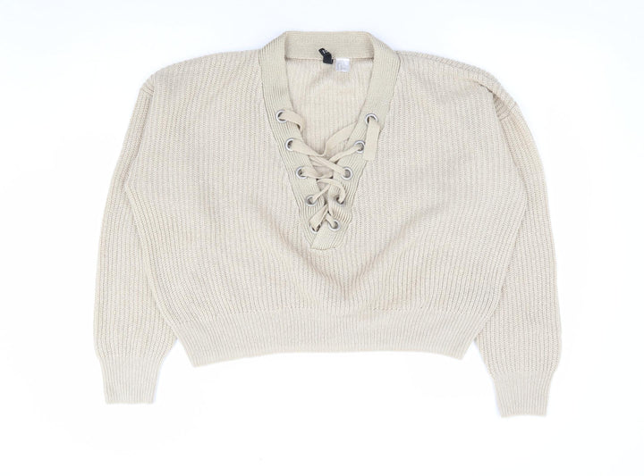 H&M Womens Beige V-Neck Acrylic Pullover Jumper Size M