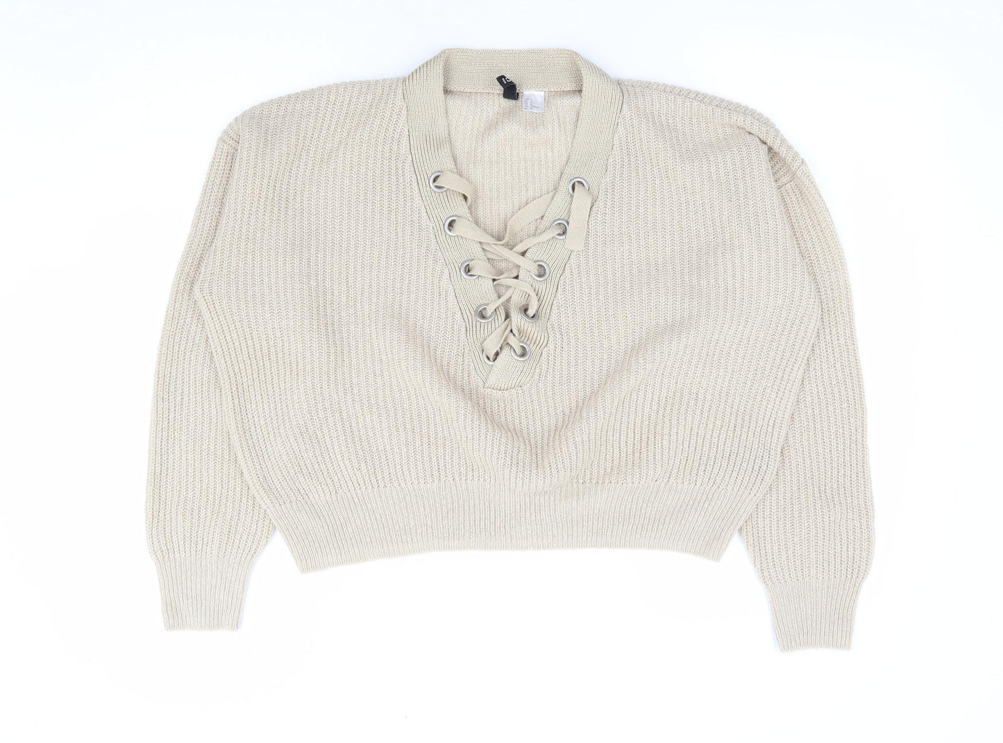 H&M Womens Beige V-Neck Acrylic Pullover Jumper Size M