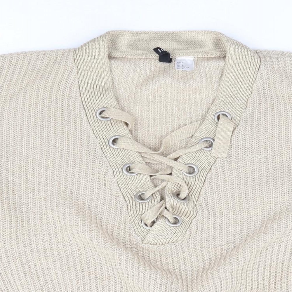 H&M Womens Beige V-Neck Acrylic Pullover Jumper Size M