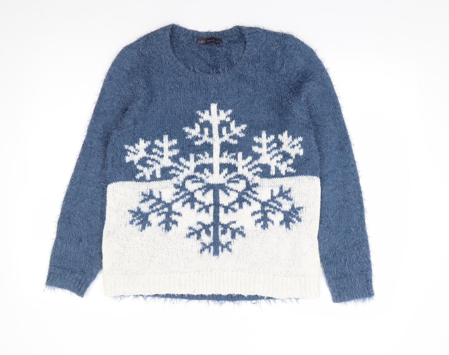 Marks and Spencer Womens Blue Round Neck Geometric Acrylic Pullover Jumper Size 8 - Christmas