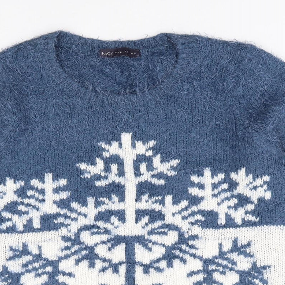Marks and Spencer Womens Blue Round Neck Geometric Acrylic Pullover Jumper Size 8 - Christmas