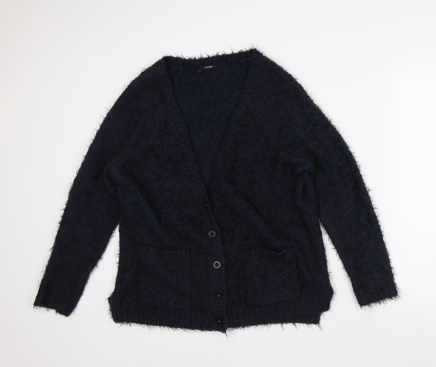 George Womens Blue V-Neck Geometric Polyester Cardigan Jumper Size 12