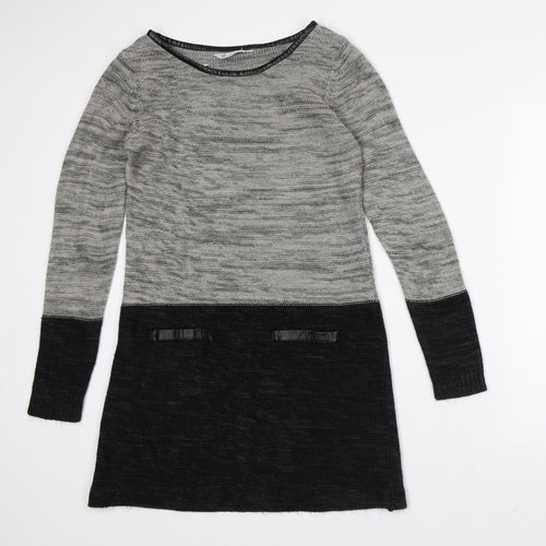 Love Knitwear Womens Grey Striped Acrylic Jumper Dress Size 16 Round Neck