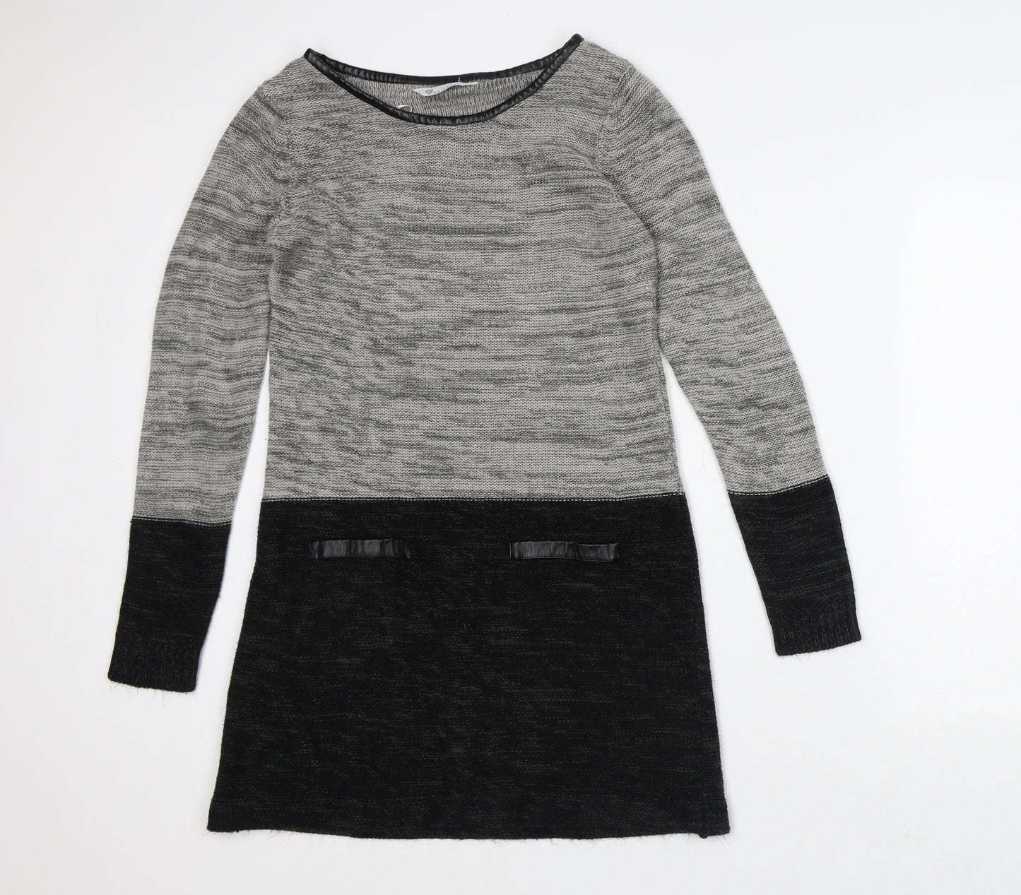 Love Knitwear Womens Grey Striped Acrylic Jumper Dress Size 16 Round Neck