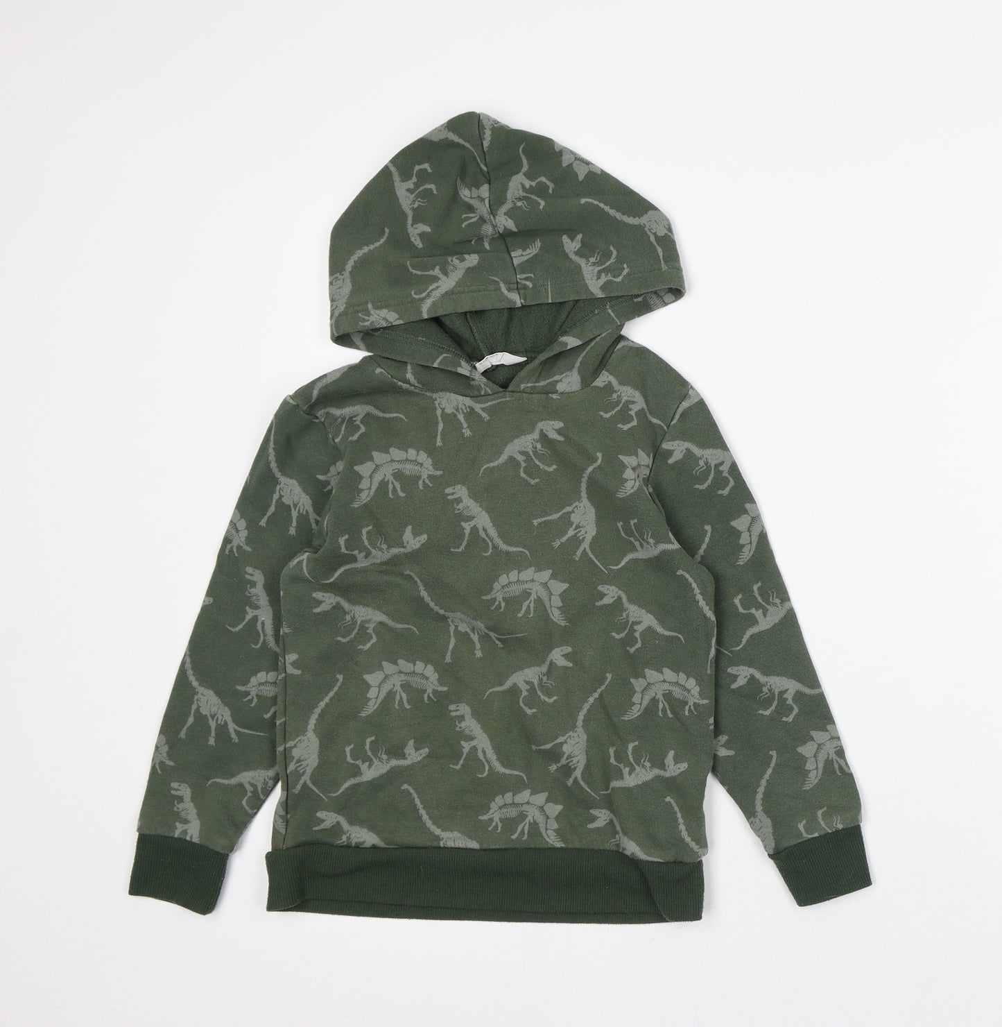 H&M Boys Green Geometric Cotton Pullover Hoodie Size 6-7 Years - Dinosaur