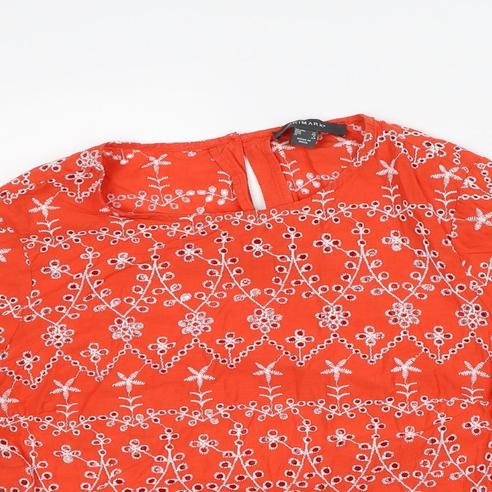 Primark Womens Orange Floral Cotton Tunic Blouse Size 12 Round Neck