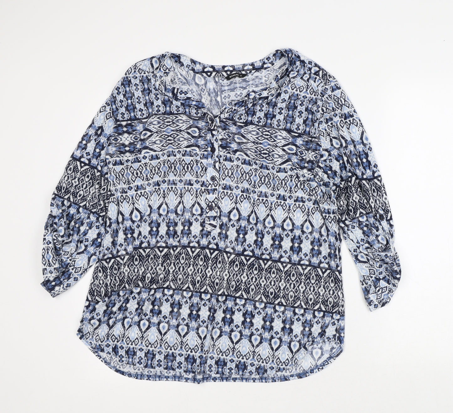 F&F Womens Blue Geometric Polyester Tunic Blouse Size 20 V-Neck