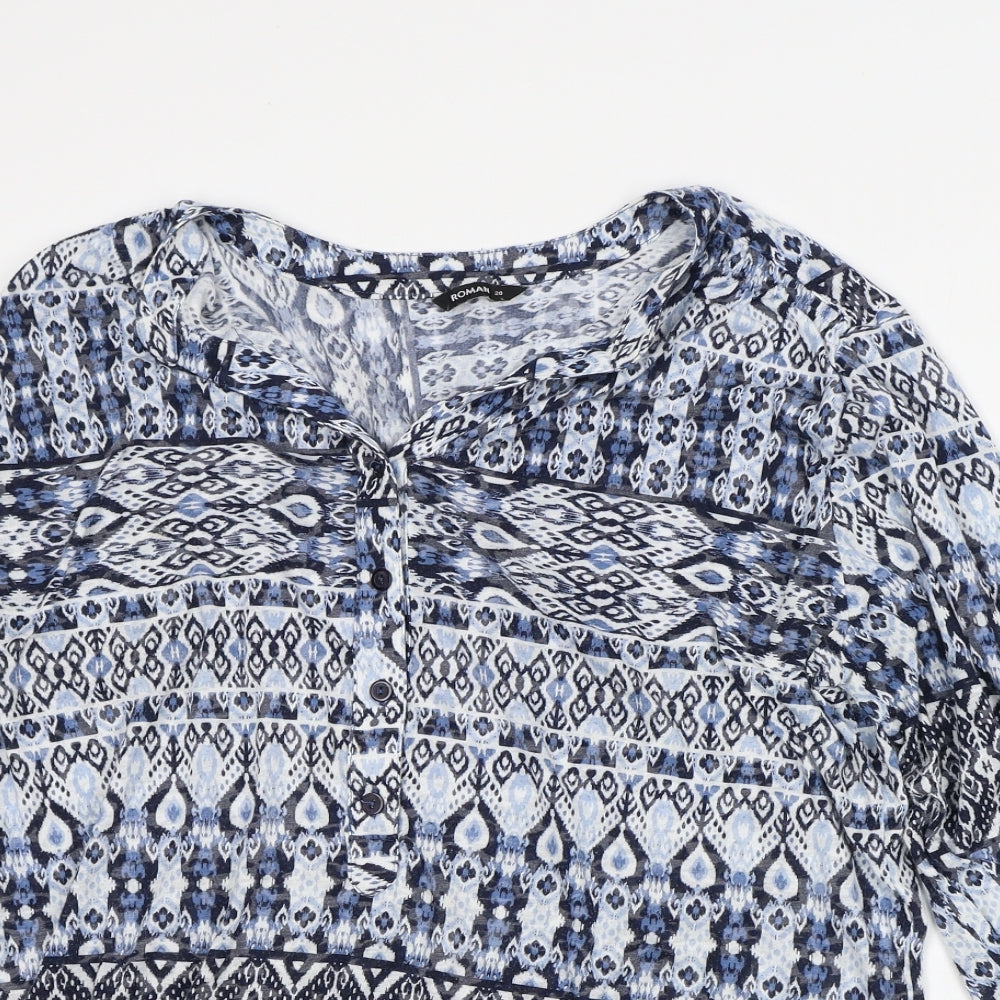 F&F Womens Blue Geometric Polyester Tunic Blouse Size 20 V-Neck