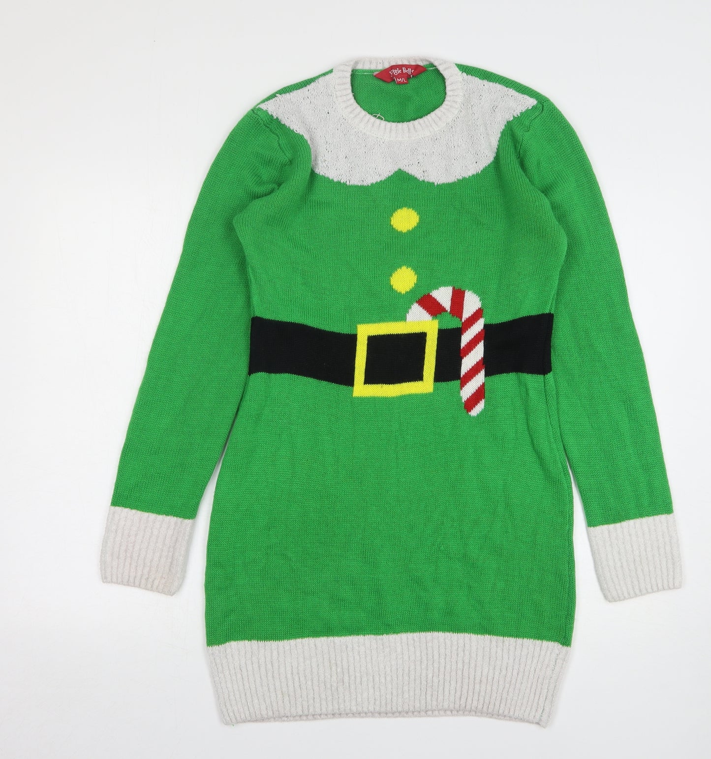 Jingle Bells Womens Green Round Neck Geometric Acrylic Pullover Jumper Size M - Christmas