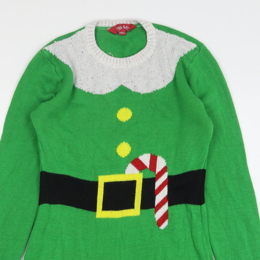 Jingle Bells Womens Green Round Neck Geometric Acrylic Pullover Jumper Size M - Christmas