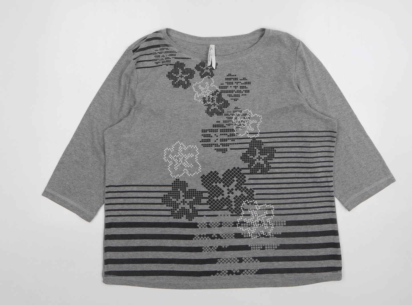 Bonmarché Womens Grey Striped Polyester Basic T-Shirt Size L Round Neck