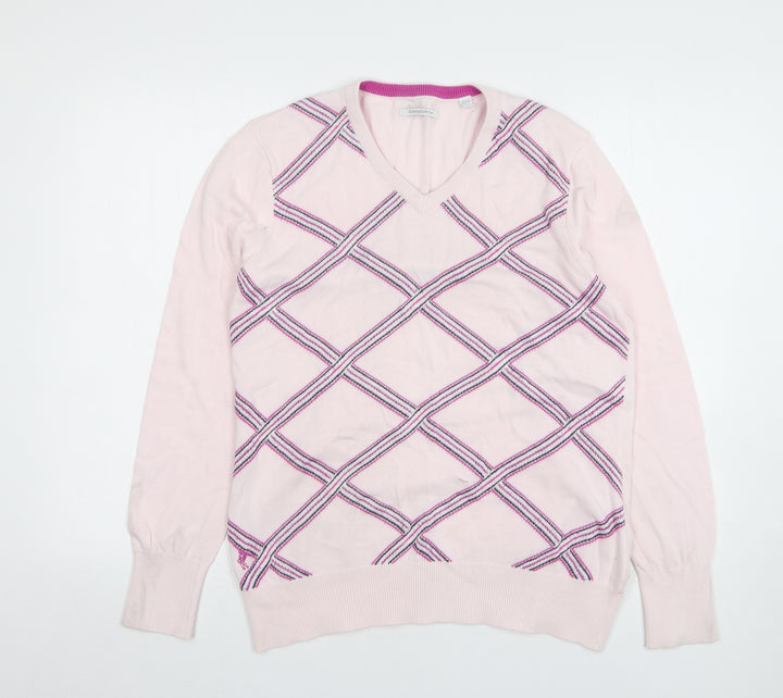 Ashworth Womens Pink V-Neck Argyle/Diamond Cotton Pullover Jumper Size L