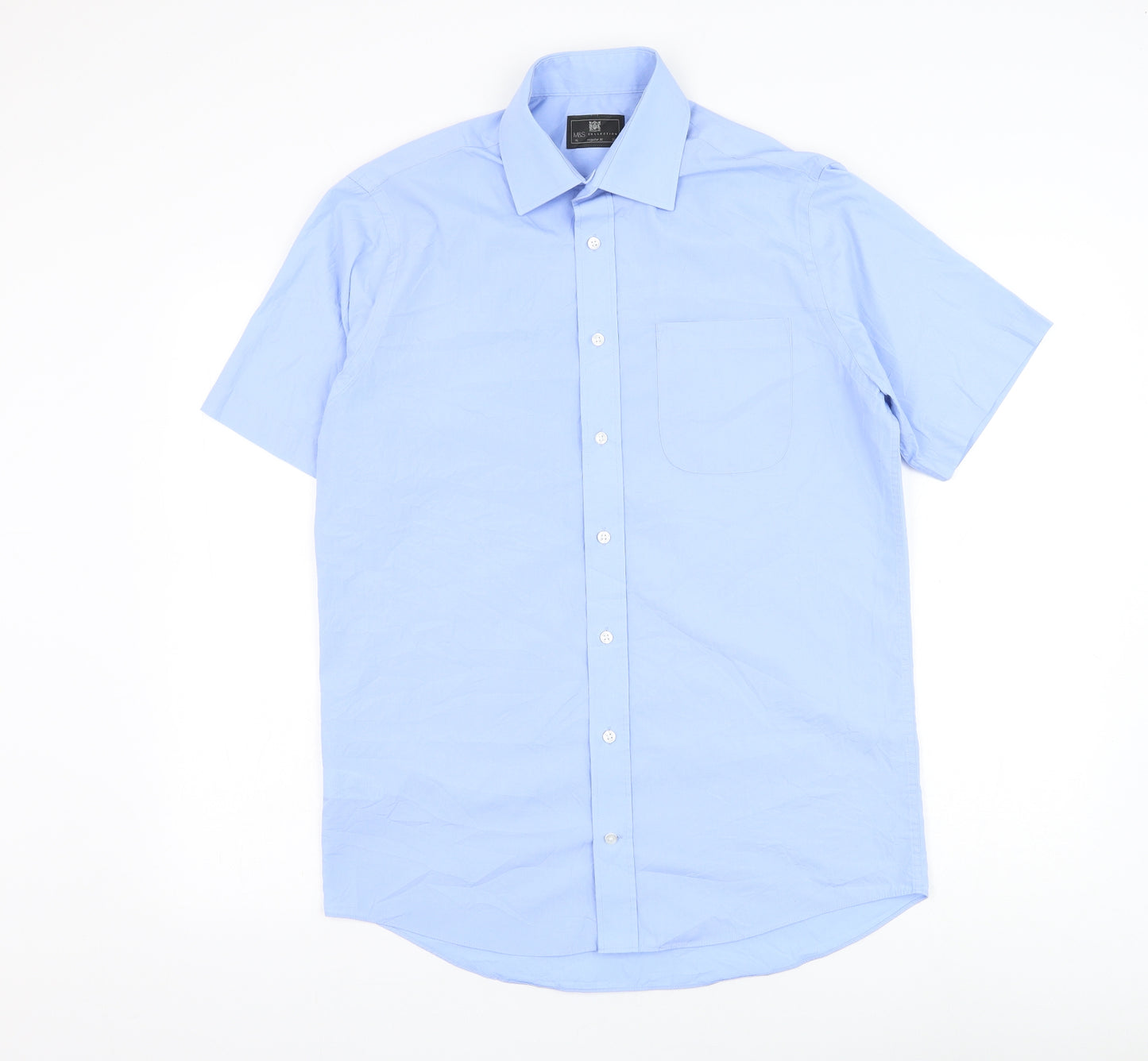 Marks and Spencer Mens Blue Polyester Dress Shirt Size 15 Collared Button