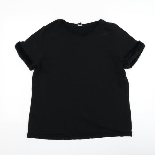 Simply Be Womens Black Cotton Basic T-Shirt Size 16 Round Neck - Fur trim sleeves