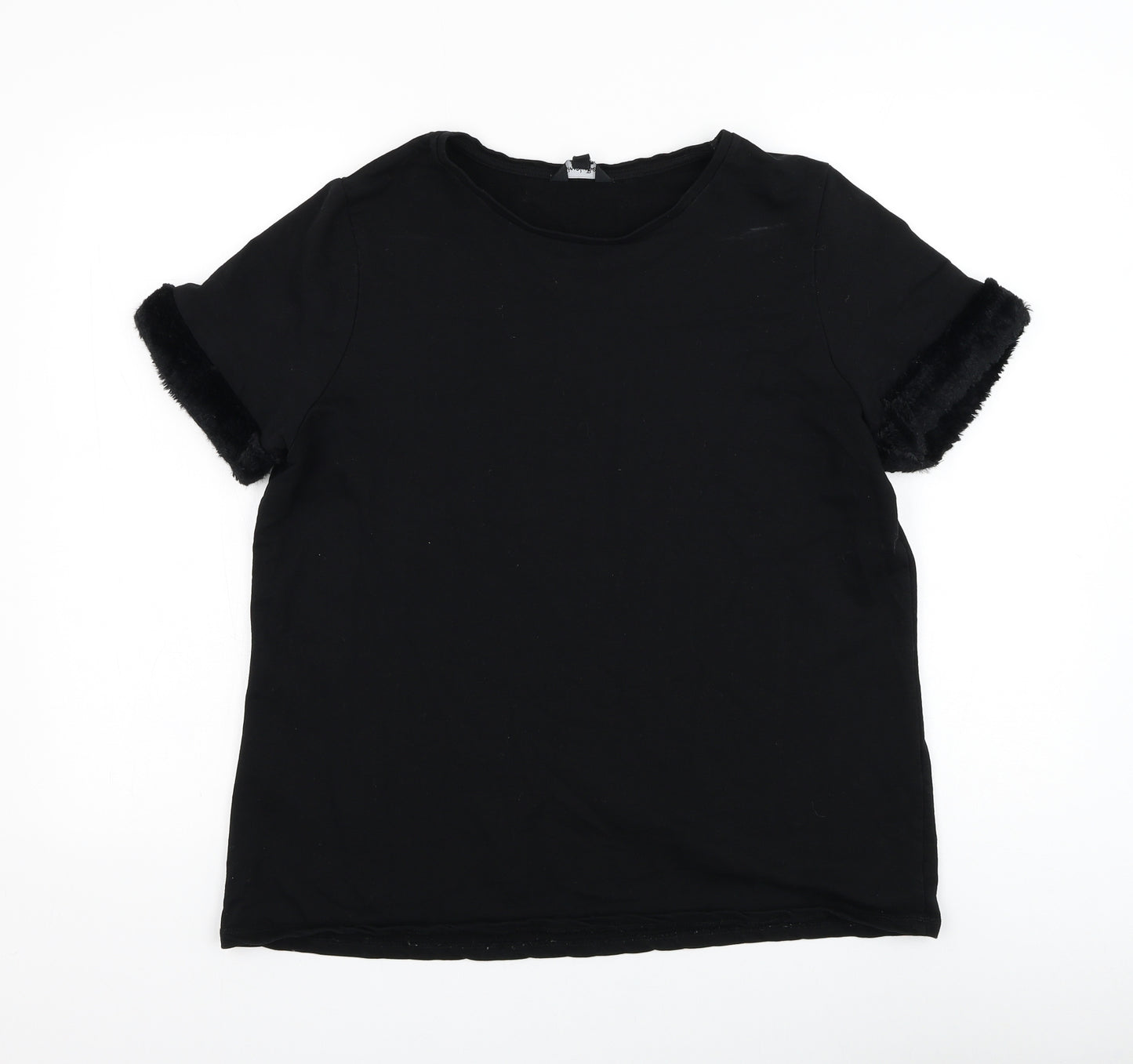 Simply Be Womens Black Cotton Basic T-Shirt Size 16 Round Neck - Fur trim sleeves