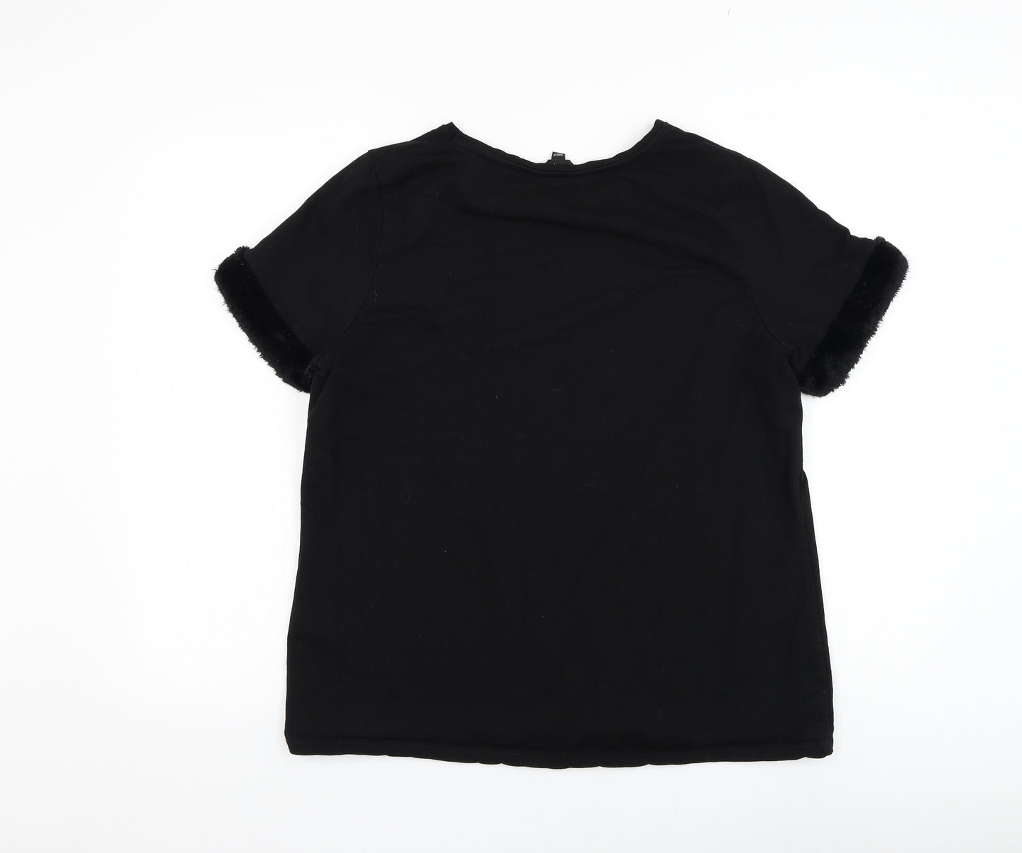Simply Be Womens Black Cotton Basic T-Shirt Size 16 Round Neck - Fur trim sleeves