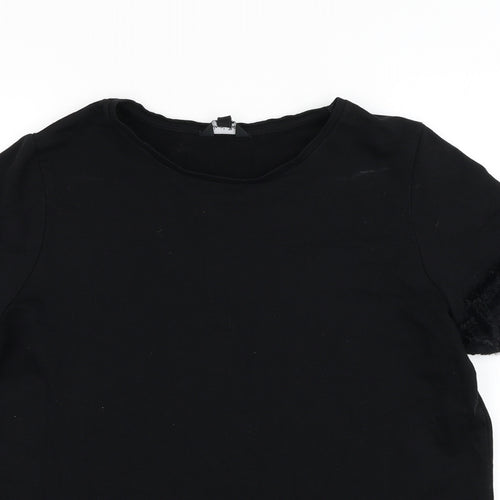 Simply Be Womens Black Cotton Basic T-Shirt Size 16 Round Neck - Fur trim sleeves