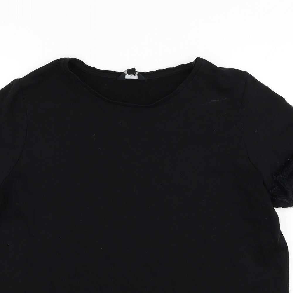 Simply Be Womens Black Cotton Basic T-Shirt Size 16 Round Neck - Fur trim sleeves