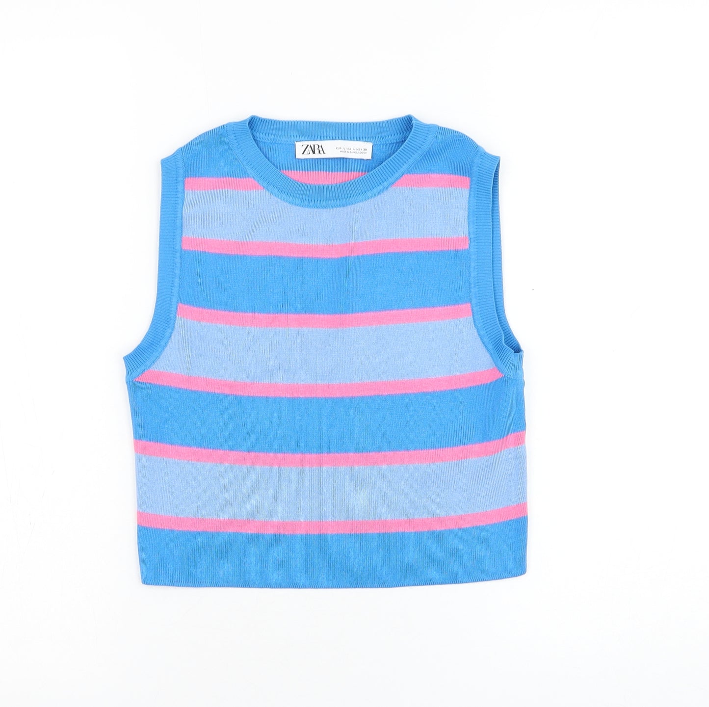 Zara Womens Blue Round Neck Striped Viscose Vest Jumper Size L