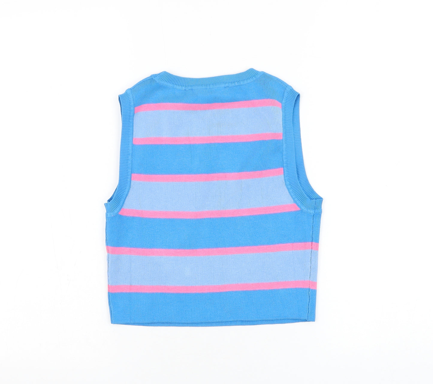 Zara Womens Blue Round Neck Striped Viscose Vest Jumper Size L