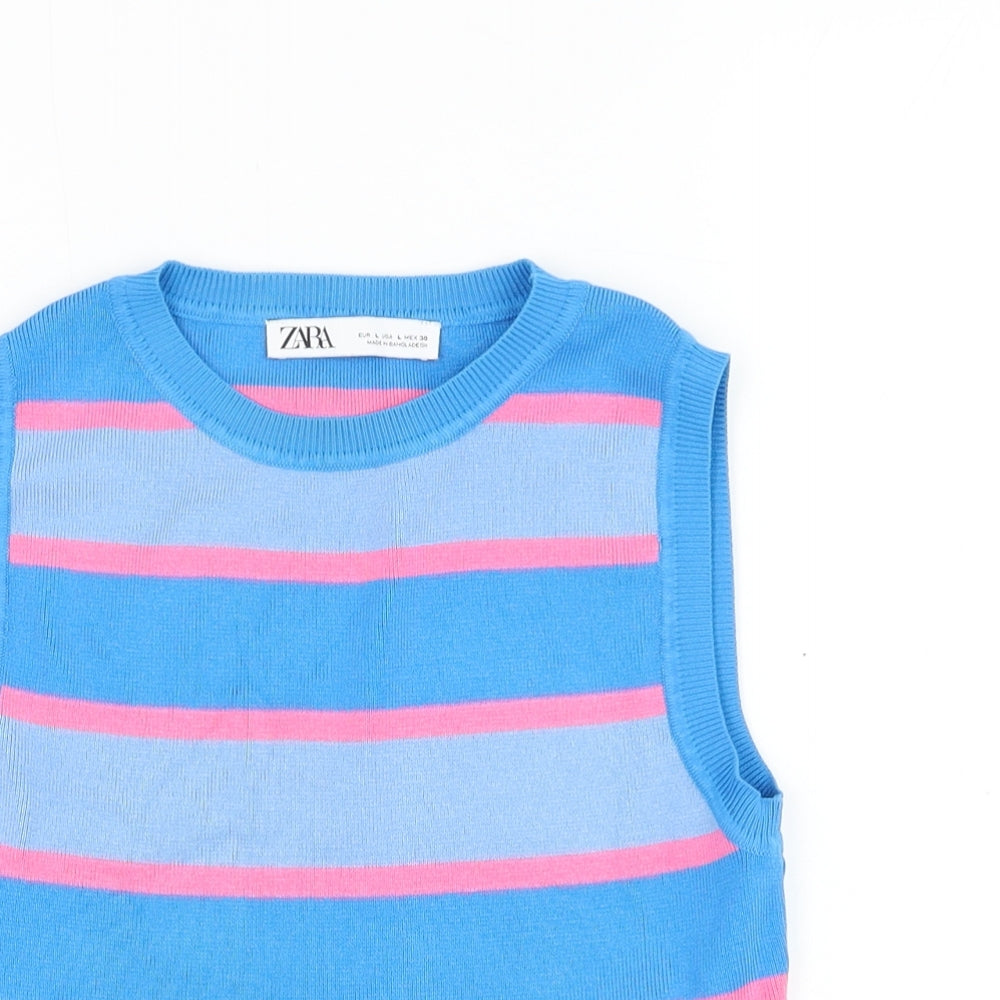 Zara Womens Blue Round Neck Striped Viscose Vest Jumper Size L