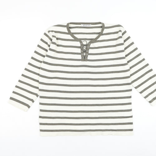 Berkertex Womens White Round Neck Striped Cotton Pullover Jumper Size 10