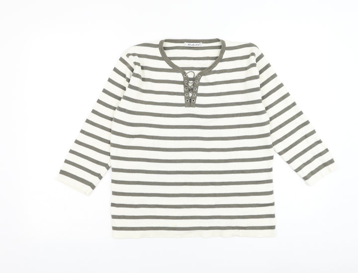 Berkertex Womens White Round Neck Striped Cotton Pullover Jumper Size 10