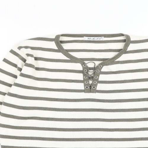 Berkertex Womens White Round Neck Striped Cotton Pullover Jumper Size 10