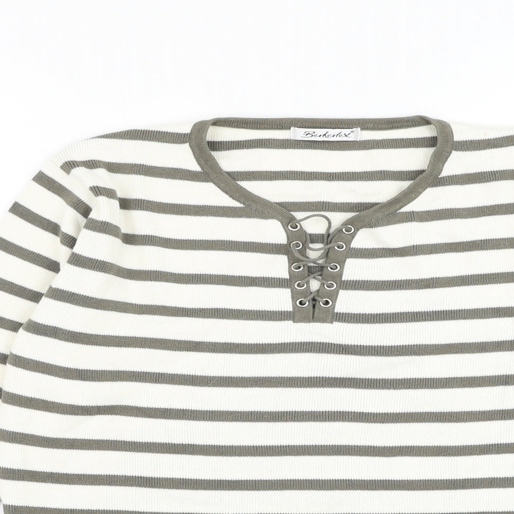 Berkertex Womens White Round Neck Striped Cotton Pullover Jumper Size 10