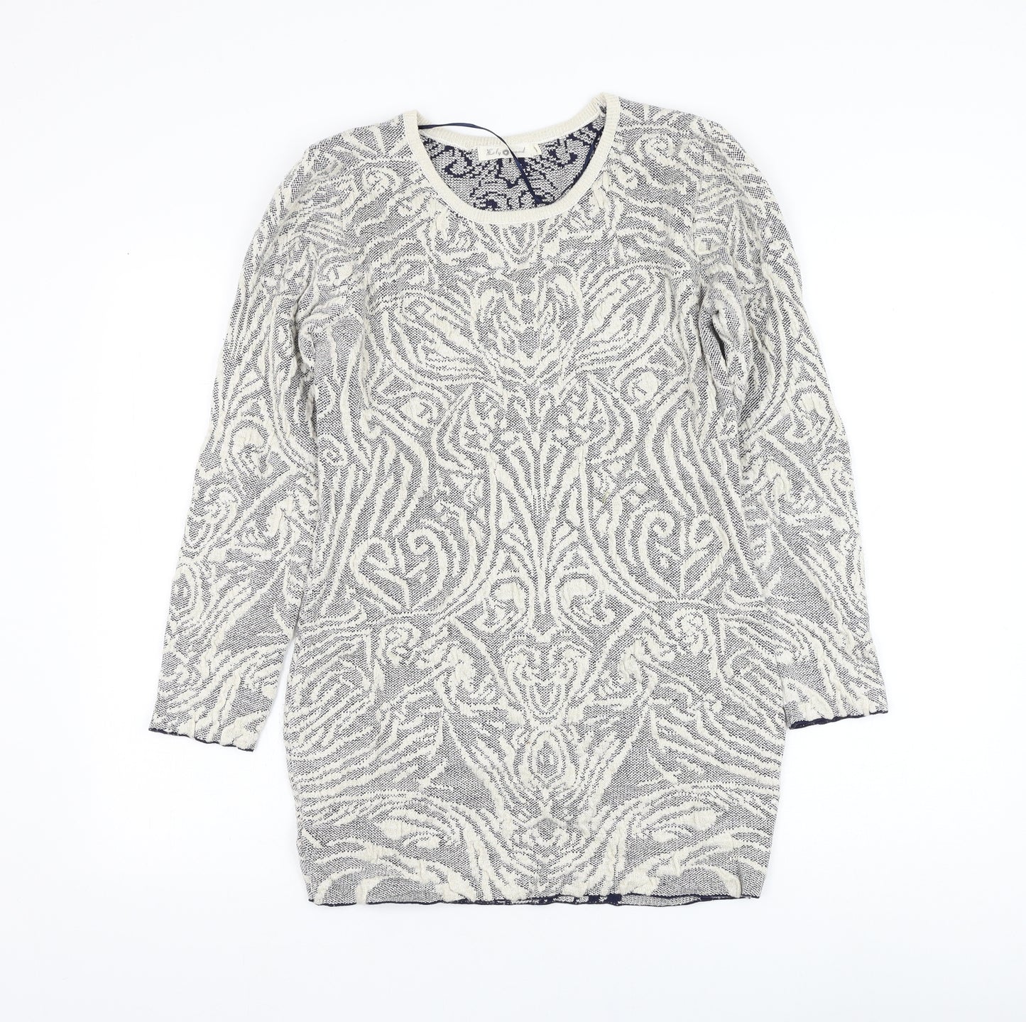 Lely Wood Womens Blue Round Neck Geometric Nylon Pullover Jumper One Size