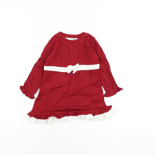 Puddles 'n' Bubbles Girls Red Cotton Jumper Dress Size 0-3 Months Round Neck Pullover