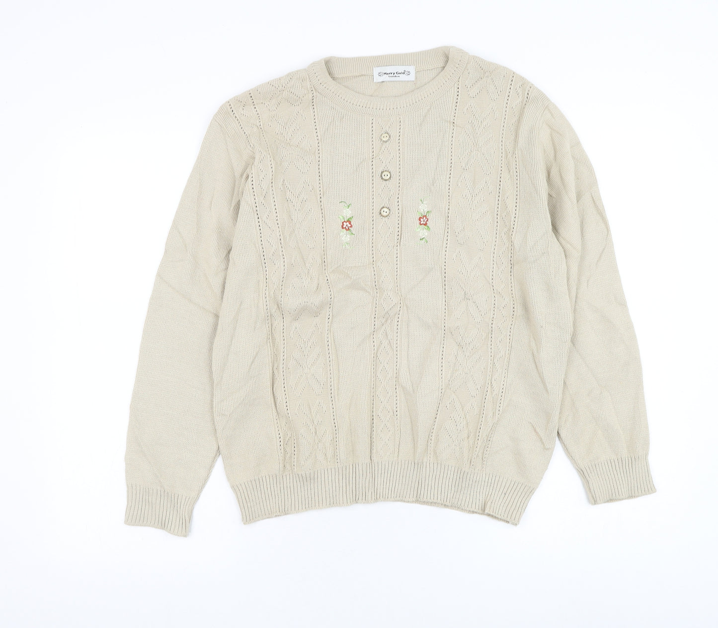Merry Gold Womens Beige Round Neck Acrylic Pullover Jumper Size M - Flower